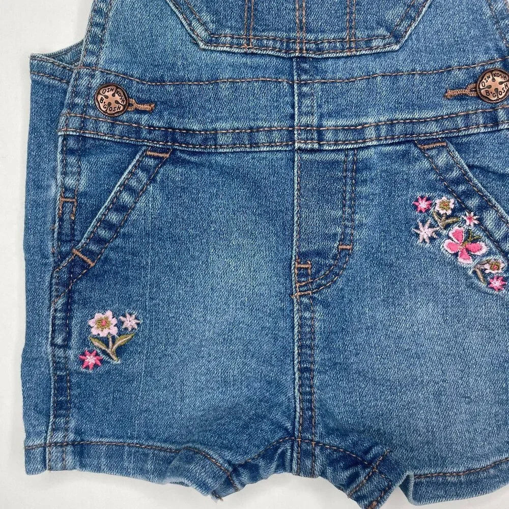OshKosh B'gosh Baby Girl Floral Embroidered Dungarees Denim Overall Shorts 6M